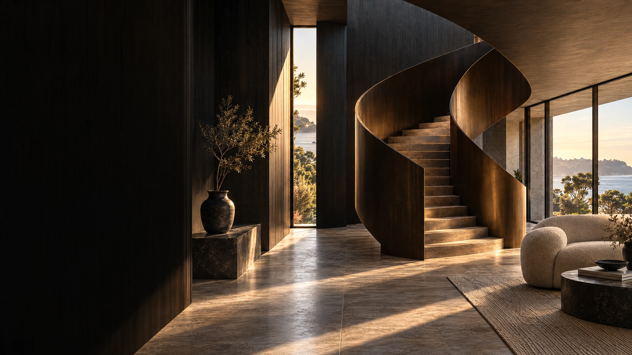 Illustrative design concept of a sculptural timber staircase in a warm, coastal interior; not completed-project photography.